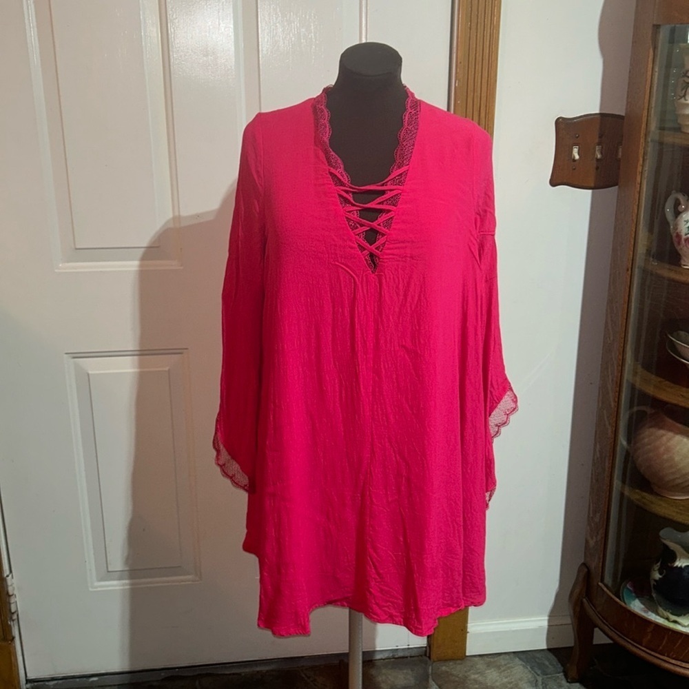 Sugar + L!ps Magenta Pink Swim Cover Up Tunic w/ Statement Sleeves Size Medium
